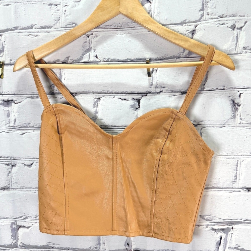 Forever 21 Bustier Crop Top Juniors M Tan Faux Leather Quilted Baddie Camisole